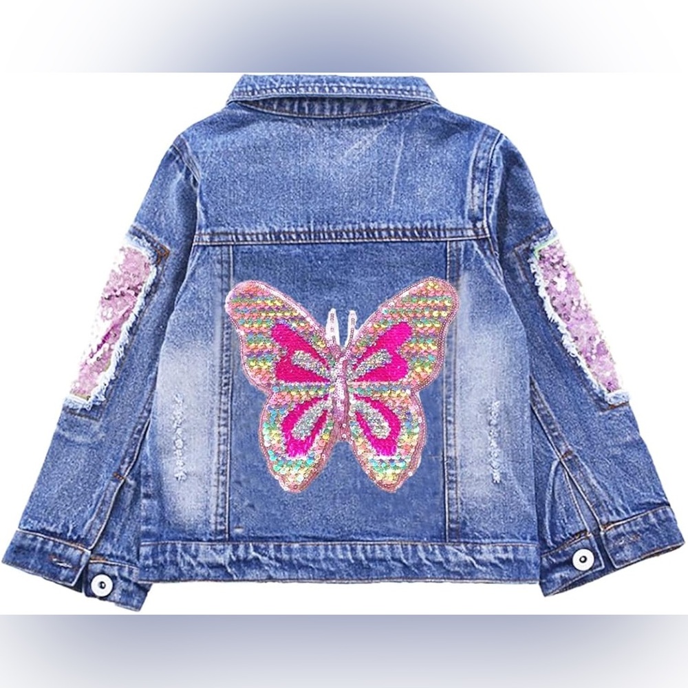 Peacolate Kids Girls Butterfly 
Sequin & Pearls Denim Jacket 
SZ 160 11-12 yrs